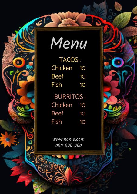 Colorful abstract menu board features vibrant designs of a skull with floral patterns. Listed menu items include chicken, beef, and fish tacos and burritos, each priced at 10. Ideal for restaurants, cafes, and food trucks looking for an eye-catching way to display their menu. Perfect for themes involving Mexican cuisine or Day of the Dead celebrations.