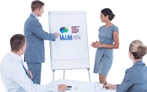 Transparent business team discussing statistics and growth strategy