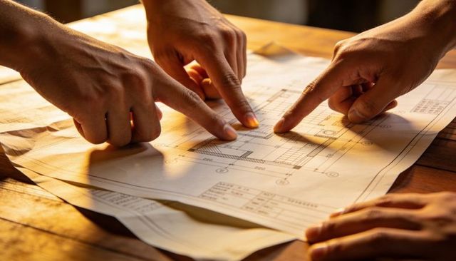 Hands Pointing At Architectural Blueprint During Collaborative Planning On Wooden Table