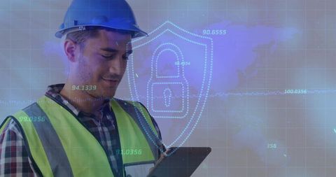 Safety Engineer Using Tablet with Digital Security Overlay