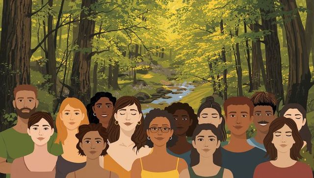 Standing group of diverse people in sunlit forest with stream and leafy canopy, unity portrait