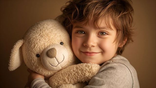Smiling boy hugging plush teddy bear closeup warm childhood portrait emotive bonding cozy