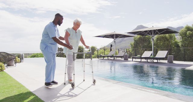 Image of happy african american male doctor taking care of caucasian senior woman in garden - Download Free Stock Photos Pikwizard.com