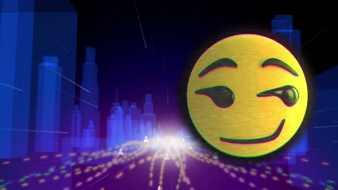 Winking Emoji Floating in Futuristic Cityscape