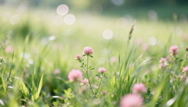 Swaying pink clover blossom in sunlit meadow with bokeh highlights, spring closeup