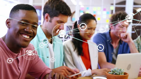 Diverse Team Collaborating with Technology Connections Overlay