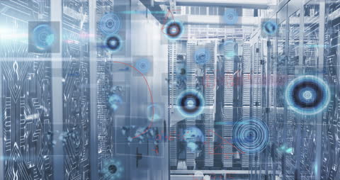 Futuristic Server Room with Digital Interface Overlays