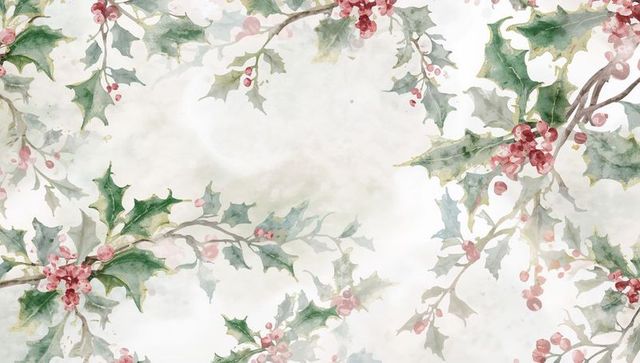 Watercolor holly border with red berries and green leaves on vintage cream paper background