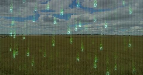Binary code overlays verdant farmlands with cloudy backdrop