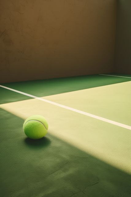 This stock photo shows a single tennis ball placed on a beautifully sunlit green tennis court. The play of light and shadows adds depth and interest, making it ideal for use in sports-related content, advertising, or themes related to leisure and recreation.