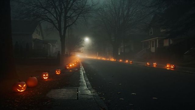 Spooky halloween night with glowing pumpkins on foggy street