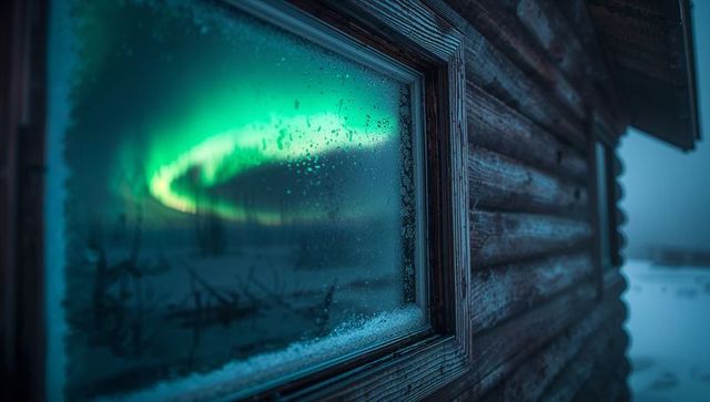 Aurora borealis reflections on frosty cabin window