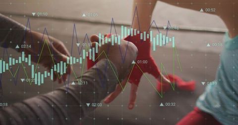 Trainer wrapping red hand wrap on trainee wrist with analytics overlay, boxing coaching