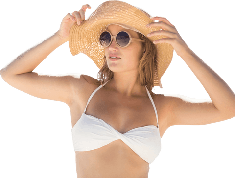 Caucasian Woman in Sunhat and Sunglasses on Transparent Background