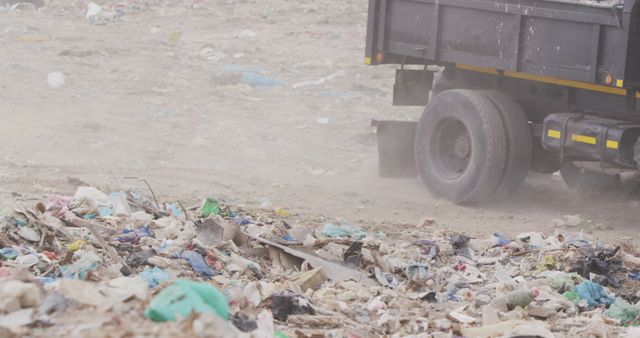 General view of landfill with piles of litter, seagulls and dump truck. Landfill, waste, pollution and environment.
