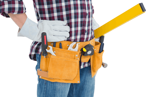 repairman in plaid shirt with transparent tool belt hands on hips - Download Free Stock Videos Pikwizard.com