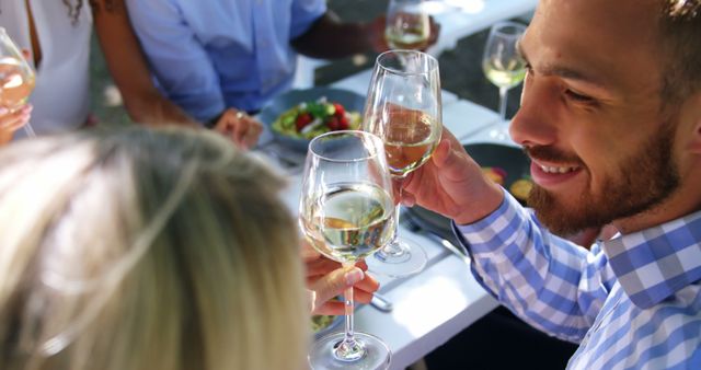 Friends Enjoying a Relaxed Outdoor Meal Toasting with White Wine - Download Free Stock Images Pikwizard.com