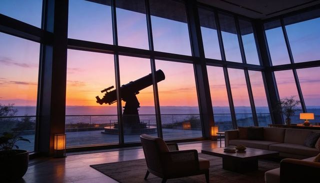 Sunset observatory lounge framing mounted telescope through floor-to-ceiling glass