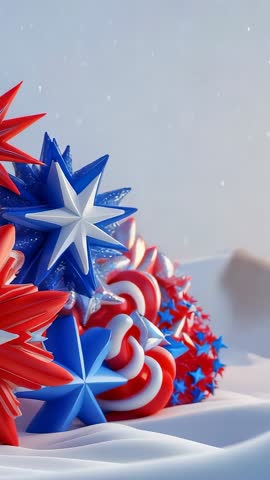 Vertical video bursting fireworks illuminating 3D red blue white stars glowing on snow with snowflak
