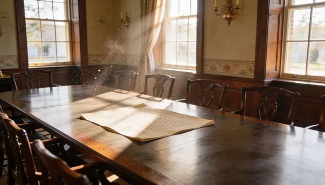 Sunlit antique parchment on long mahogany table in historic manor dining room with dust motes