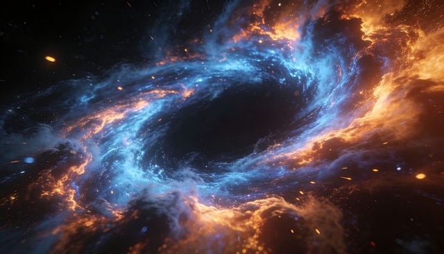 Swirling nebula vortex forming around dark void with luminous plasma filaments, ember sparks