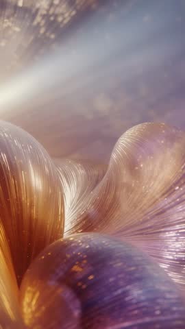 Vertical abstract video of luminous sculptural fibers and glossy organic bulbs with gold