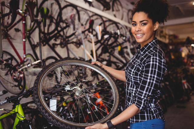 Female mechanic holding bicycle wheel in workshop, smiling at camera. Ideal for use in articles or advertisements related to bicycle repair services, cycling maintenance, professional mechanics, and bike shops. Can also be used in promotional materials for cycling events or mechanical training programs.