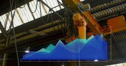 Industrial Robot Analyzing Data Graph with Warehouse Background