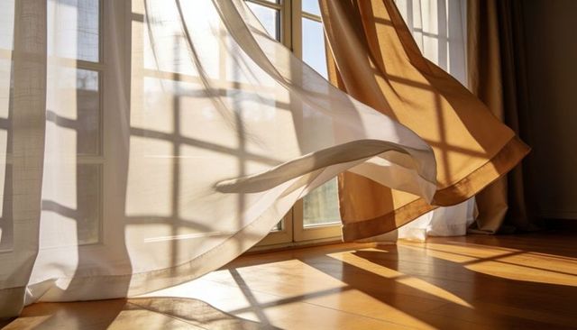 Sunlit billowing sheer curtains casting paned window shadows across warm hardwood floor