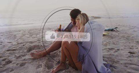 Couple Enjoying Beverages on Beach with Social Media Concept Overlay