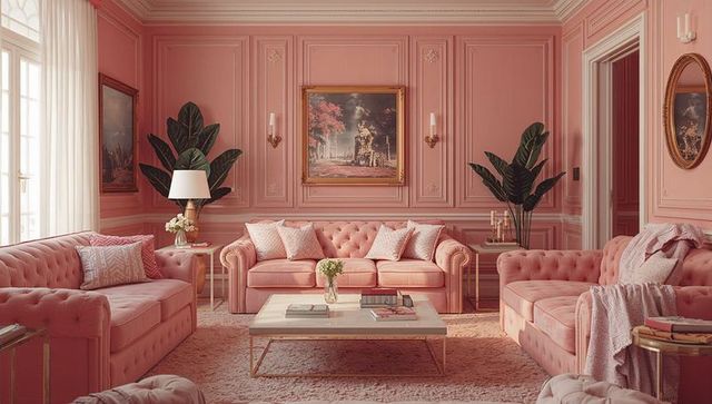 Luxurious pink living room with elegant tufted sofas