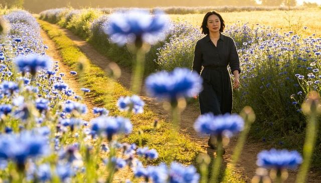 Asian woman walking through cornflower meadow at golden hour in dark belted dress