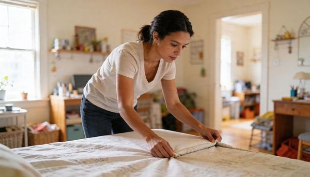 Woman making bed in sunlit cozy bedroom, minimalist home morning routine