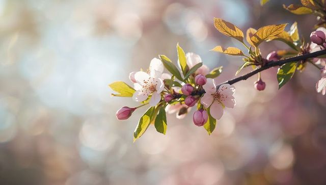 Backlit cherry blossom branch with pale pink flowers and dreamy spring bokeh