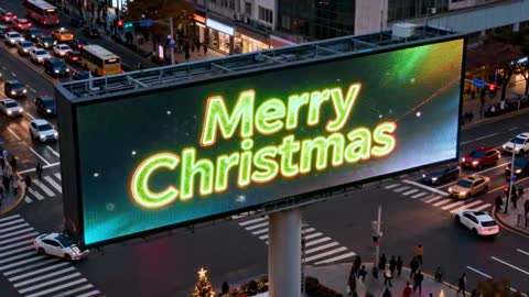 Merry Christmas Billboard Animating Over Busy City Intersection at Dusk