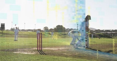 Cricket batter and wicketkeeper preparing at crease with binary data overlay on sunny field