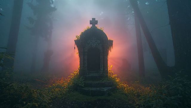 Mysterious Glowing Mausoleum in Foggy Forest at Sunrise