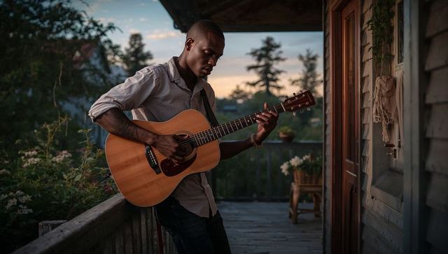 Musician Strumming Acoustic Guitar on Rustic Porch at Dusk