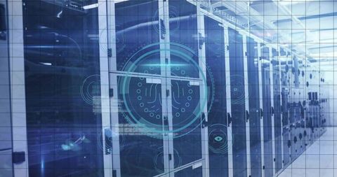 Futuristic Data Center with HUD Graphics and Blinking Network LEDs