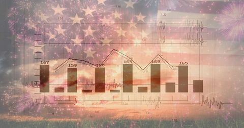 Data Analytics Overlaid on American Flag with Fireworks