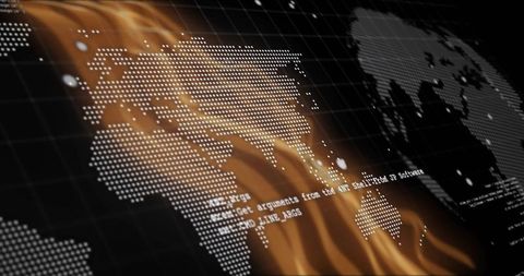 Futuristic Dotted World Map with Flame Effects and Digital Code