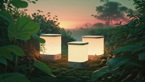 Warm Lit LED Lanterns in Serene Forest Ambiance at Dusk