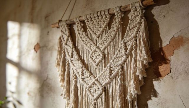 Bohemian macrame wall hanging catching warm window light on rustic plaster wall
