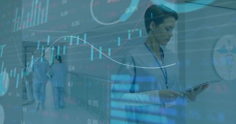 Nurse Analyzing Data on Tablet in High-Tech Hospital