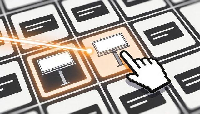 Interactive billboard selection interface with pixel cursor highlighting and orange glow
