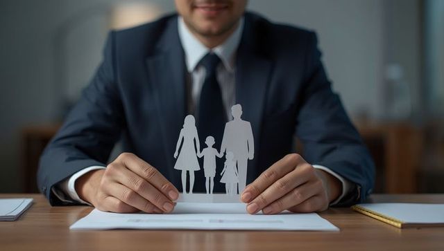 Businessman presenting family cutout at office desk