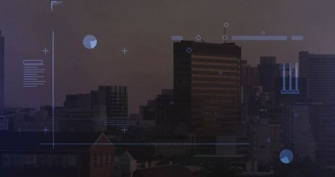 Dusk City Skyline Featuring Lit Office Tower and Futuristic HUD Overlays