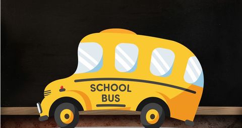 Cute cartoon school bus over chalkboard background