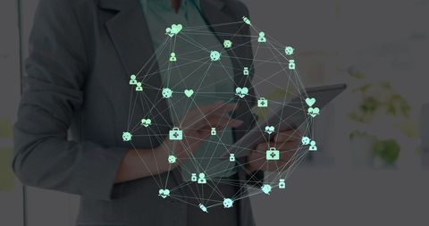Businesswoman Using Tablet with Digital Network
