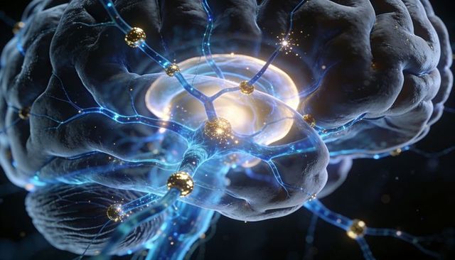 Neural network visualization illuminating glowing brain core and connecting synapses